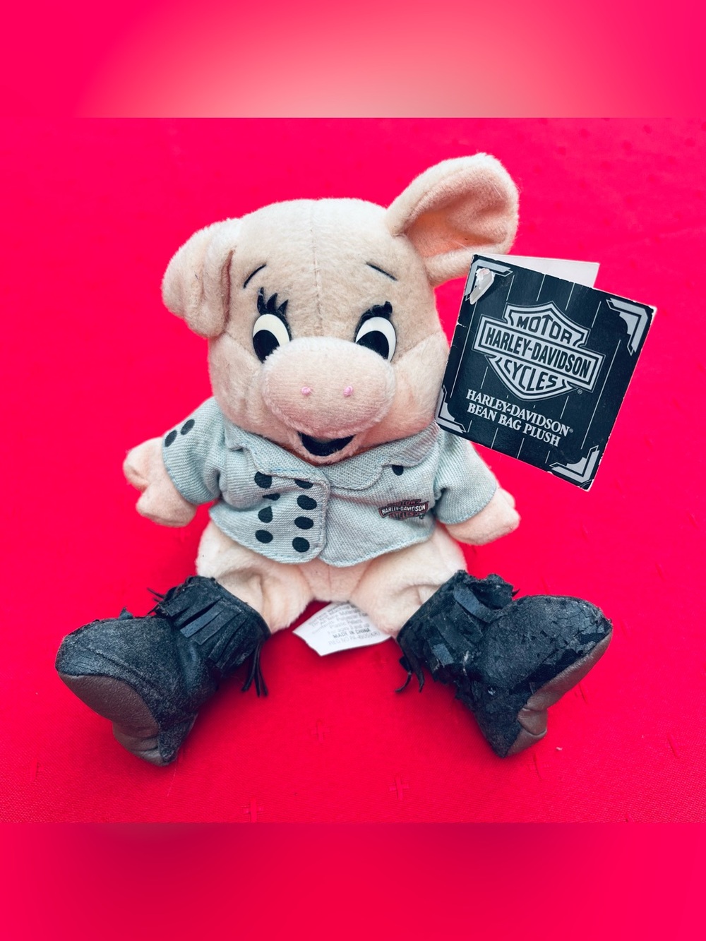 Vintage Harley-Davidson Pink Plush Piglet with Gray Jacket and Black Boots